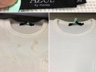 シミ抜き事例byインスタグラム【アズール（AZUL）のTシャツ皮脂食べ物汚れのシミ抜き】